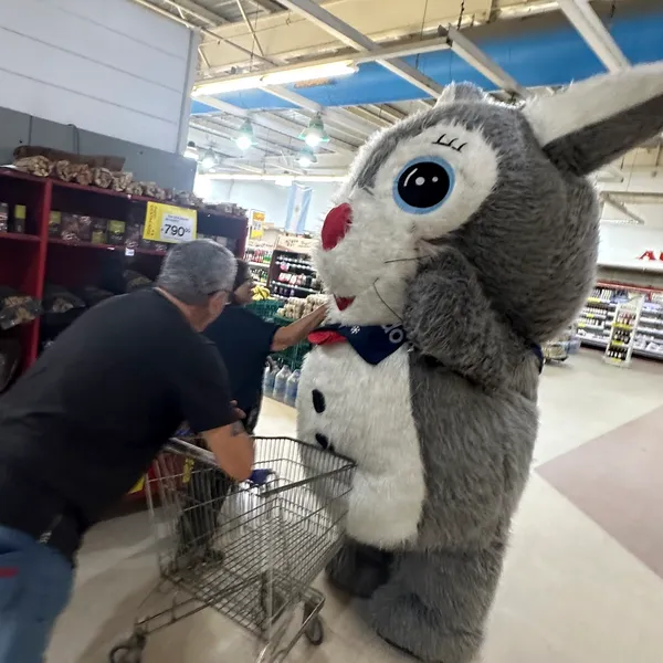Animador con peluche gigante en evento